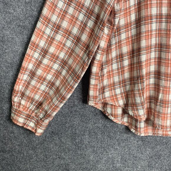 Loft Button Up Shirt Women L Ruffle Buttons & Hi Neck Orange Plaid Long Sleeve - Picture 5 of 16